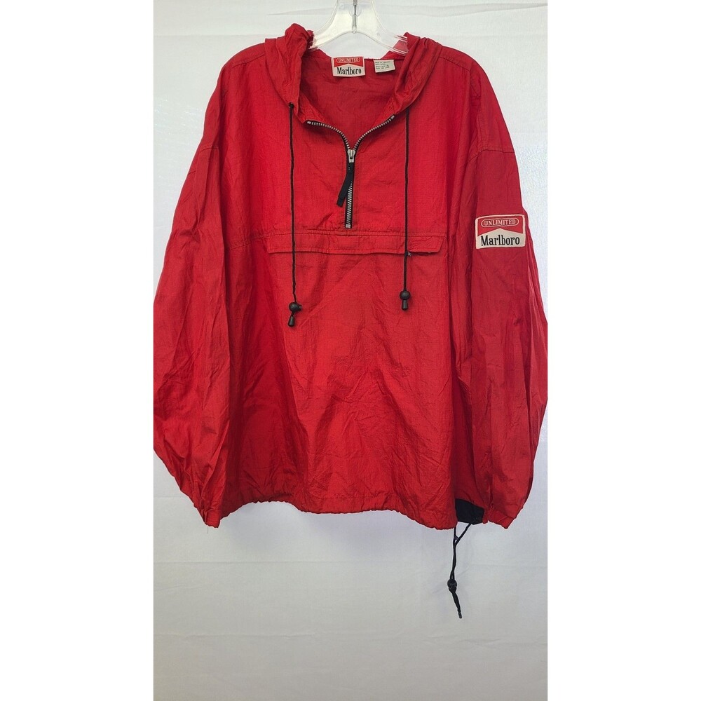 Vintage Marlboro Unlimited Mens XL Windbreaker Red Packable 90s Rain Jacket